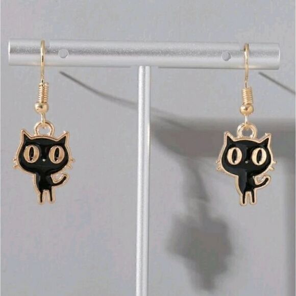 Cat Earrings Small Dangling Kitty Gold-tone Stainless Steel Hook Earrings - Picture 6 of 7